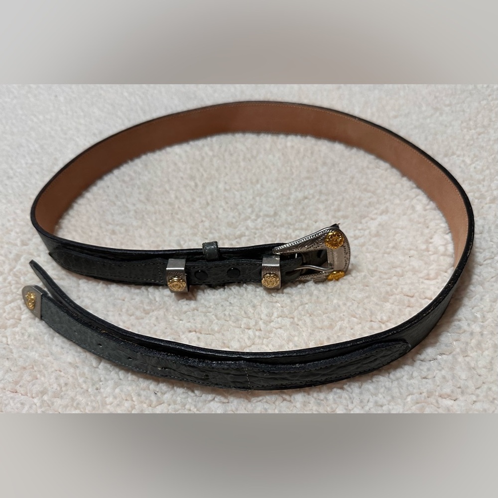 Vintage 80’s Dun Dee Grey Leather Western Belt with Gold Flowers Silver Accents